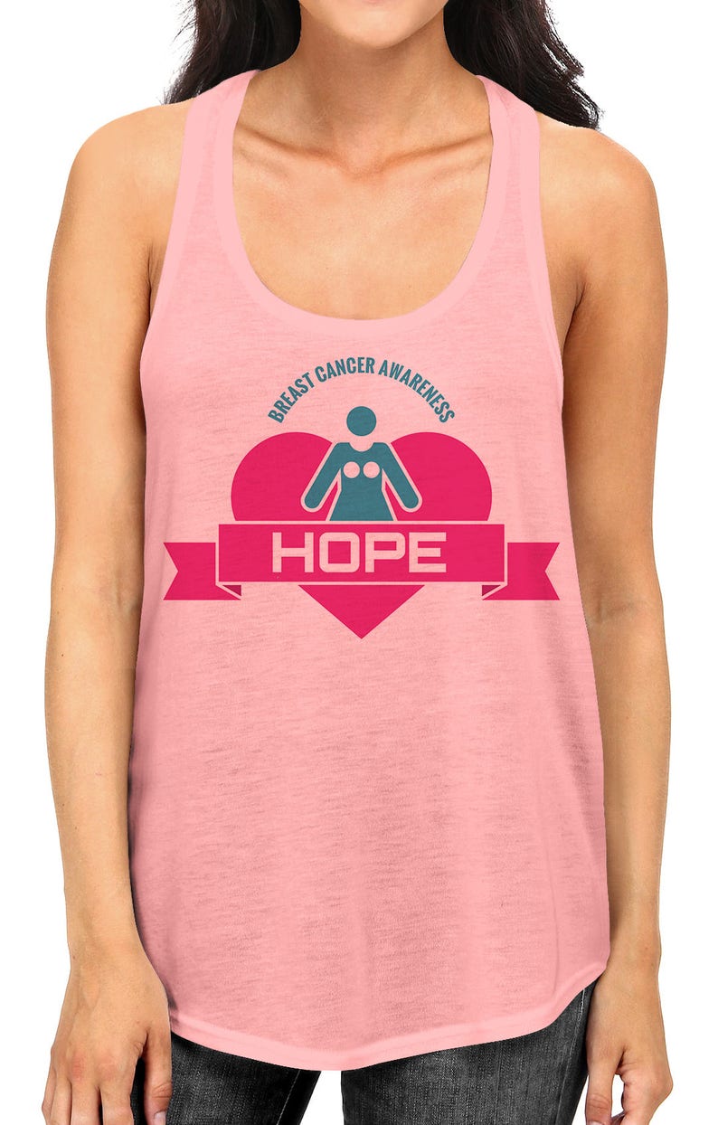Women/'s junior fit Racerback Tank Top White Pink Ribbon Breast Cancer Awareness