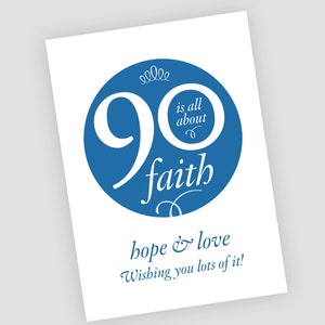 Decade Card per il 90° compleanno! Scarica istantaneamente carta o poster fai-da-te, 5x7 e 8x10, blu e rosso, I Corinthians 13 sentiment. Buon compleanno!!