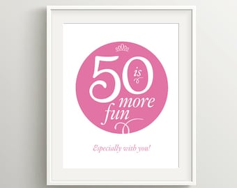 50th Decade Birthday Card, Blue and Pink, 50 is More Fun! Digital files: 5x7 and 8x10 for a card, invitation or poster for everyone to sign!