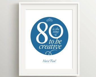 Happy 80th Birthday Karte oder Poster, Sofort Download, Blau, DIY 5x7 oder 8x10" Karte mit positiver Stimmung. Sei kreativ in deinen 80er Jahren!