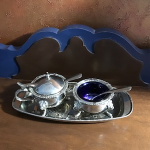 Cobalt Blue Vintage Serving Set Condiment Tray Chrome Nickel Glass Mustard Salt Rare Tableware Salt Shaker Spoons Gift MOM Chic