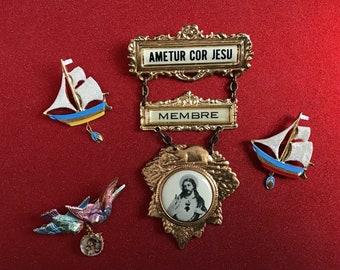 Vintage Religious Brooches Set of 4 Jewelry Beloved Heart of Jesus Christ Rare Old Birds Boats Medals Canivetists Gift