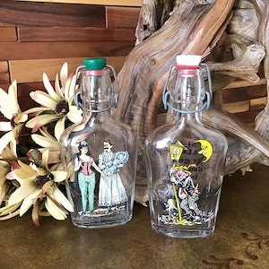 Bottles Flasks (2) Glass Drink Italy Bar Rare Vintage Theme Humor Unique Gift Dad Collector Glassware Talking Piece Alcohol