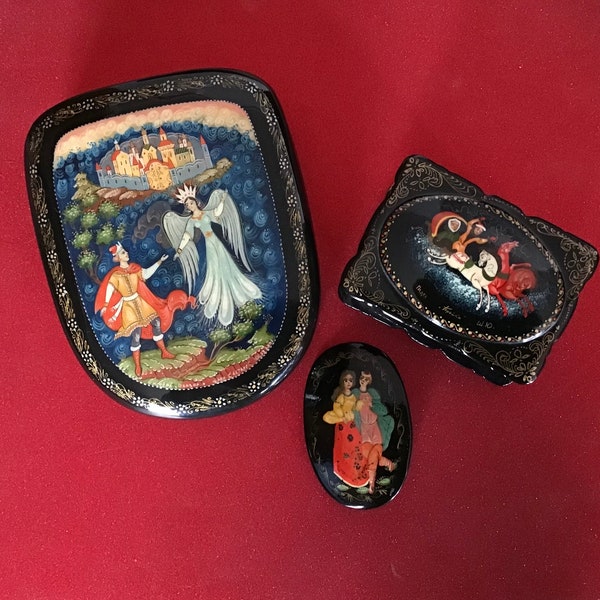 Palekh Vintage 2 mini jewelry boxes signed Russian red black lacquer Troika horses Floklore Slavic Rare Shapes Mom Gift Collector Folklore