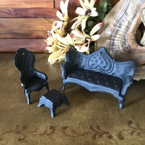 Cast Iron Sofa Chair and Ottoman Black Living Room Victorian Miniature Dollhouse Toy Vintage Black cast iron Collectible Love seat Chesterfield Christmas