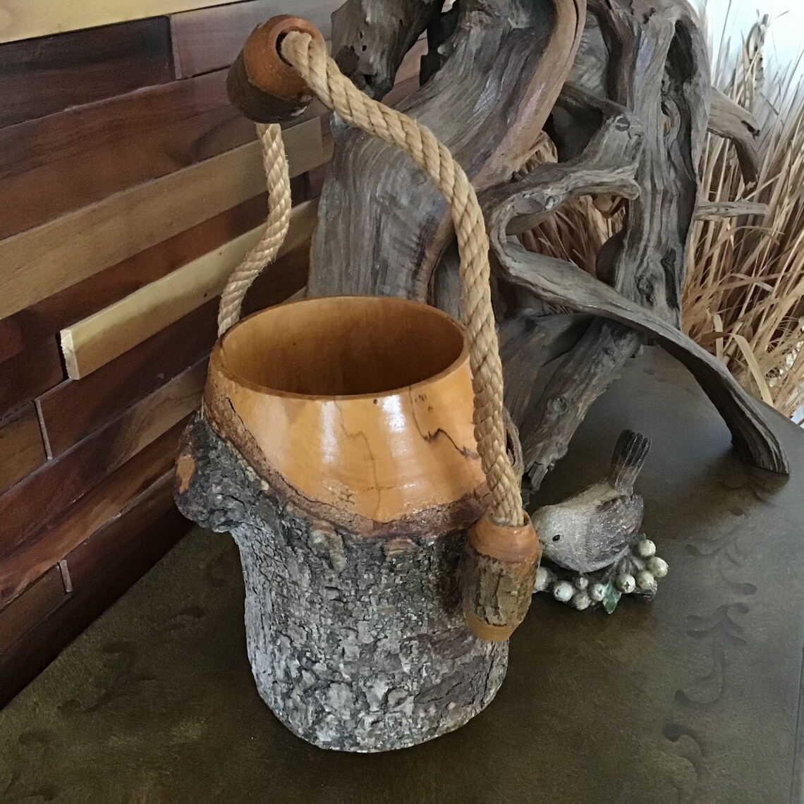 Bucket Vase Carved log wooden Bark Natural RARE Unique Vintage Etsy