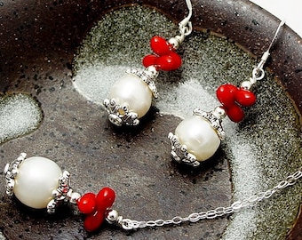 Sterling Silver Freshwater Pearl And Natural Barbell Peanut Red Coral Necklace And Earrings Jewelry Set-Pearl Jewelry Set-Coral Jewelry Set