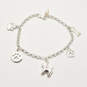 Sterling Silver Dog Bone Paw Charm Animal Adjustable Bracelet-Silver Dog Bracelet-Silver Dog Paw Bracelet-Double Sided Dog Charm Bracelet