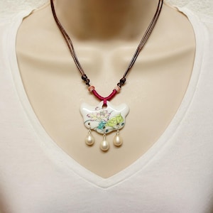 Ceramic Lotus Flower With Freshwater Pearls Necklace-Ceramic Jewelry-Lotus Jewelry-Flower Jewelry-Pearl Jewelry
