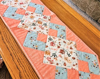 Peach, Blue Floral Table Runner | Cottage Chic Table Runner | Cottage Chic Decor | Cottage Chic Linen