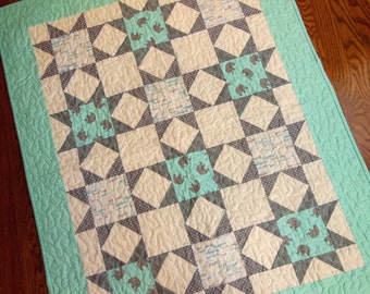 Baby Boy Quilt |  Blue and Grey |  Elephants and Stars Baby Quilt