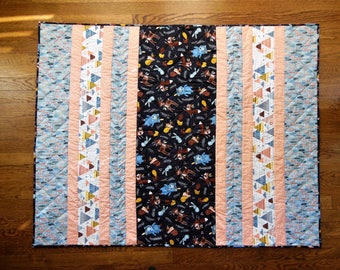 Blue, Coral and White Strip Baby Quilt | Woodland Animal Quilt | Baby Bedding | Woodland Nursery | Woodland bedding