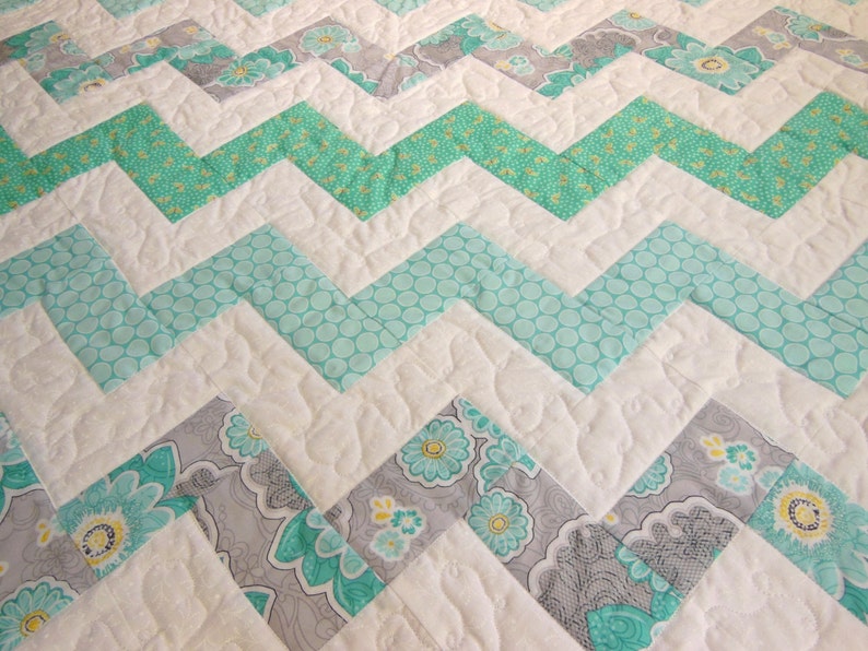 Gray and White Quilt Chevron Baby Quilt Modern Nursery Turquoise Zig Zag Quilt