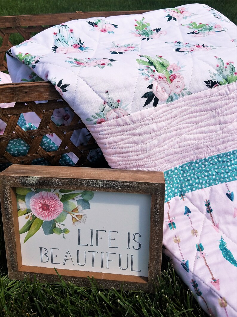 Boho Chic Baby Girl Quilt Strip Quilt Blue and Pink Etsy