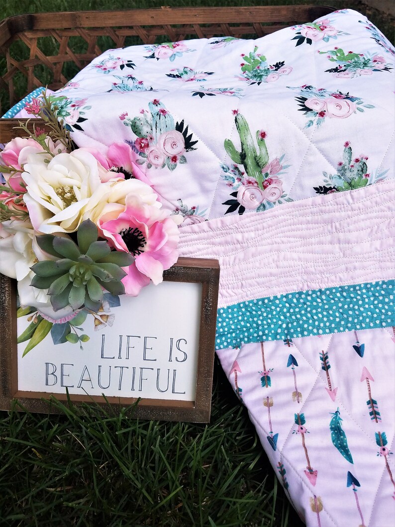 Boho Chic Baby Girl Quilt Strip Quilt Blue and Pink Etsy