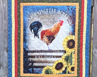 Rooster Sunflower Wall Hanging, Rooster Sunflower Mini Quilt, Farmhouse Mini Quilt, Farmhouse Wall Hanging, Handmade Quilted Mini Quilt