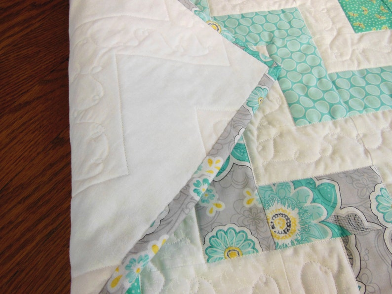 Gray and White Quilt Chevron Baby Quilt Modern Nursery Turquoise Zig Zag Quilt