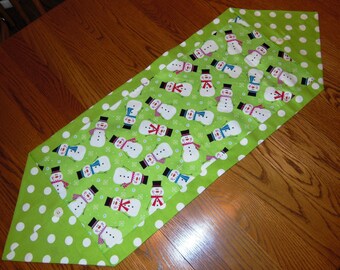 Christmas table runner, green, snowmen,polka dots, Christmas Decor