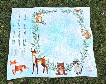 Woodland Milestone Quilt, Baby Monthly Marker Quilt, Baby Photo Prop, Milestone Photo Prop, Woodland Baby Animal Photo Prop, Watch Me Grow