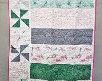 Peter Pan | Peter Pan Baby Quilt | Peter Pan Nursery | Peter Pan Bedding | Green Pink Gray Quilt