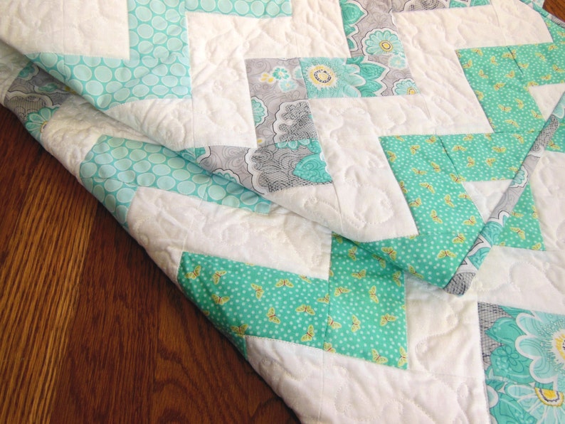 Gray and White Quilt Chevron Baby Quilt Modern Nursery Turquoise Zig Zag Quilt