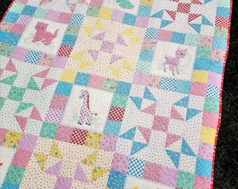 Soft Lap Quilt, Retro Lap Quilt, 30'sFabric Quilt, 30's Fabric, Colorful Baby Quilt, 30's Style Baby Quilt, Animal Print Baby Quilt