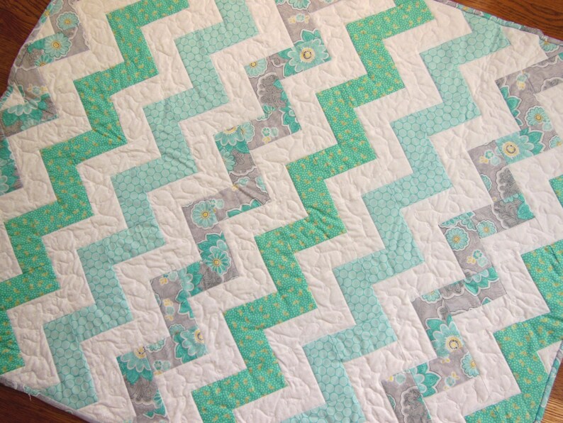 Gray and White Quilt Chevron Baby Quilt Modern Nursery Turquoise Zig Zag Quilt