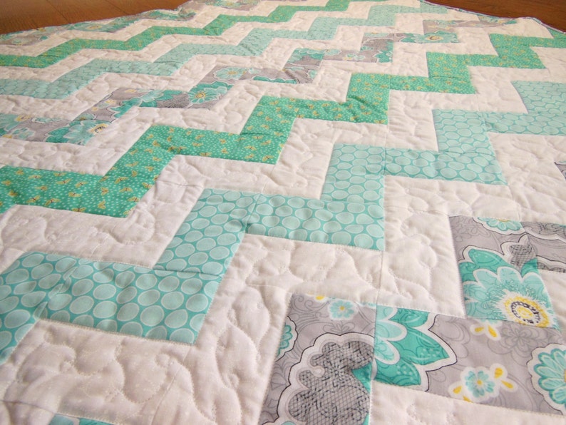 Gray and White Quilt Chevron Baby Quilt Modern Nursery Turquoise Zig Zag Quilt