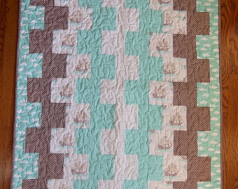 Nautical Baby Quilt | Boats | Polka Dots | Nautical Nursery | Nautical Bedding | Blue, Brown, Aqua Baby quilt