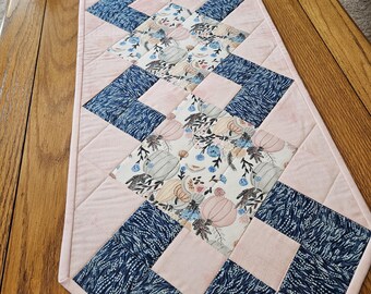Fall Table Runner | Blue Pink Fall Runner | Blue Pink Linen | Fall Table Decor | Pink Pumpkin | 13 X 41 | Reversible Runner