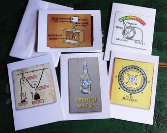 Set of 5 Art Cards, Graphical Paintings on Wood, 5 x 7 inch (A7) Blank cards with white envelopes.