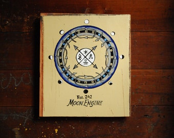 Motor lunar, pintura pseudocientífica steampunk sobre madera