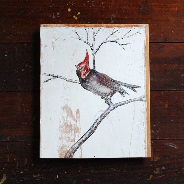 The Crested Tit, Bird Painting on Reclaimed Wood, Hand Painted Art on Old Board, Nature Art, English Bird Painting, Crested Bird