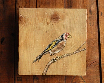 Goldfinch, Original Bird Painting on Reclaimed Wood