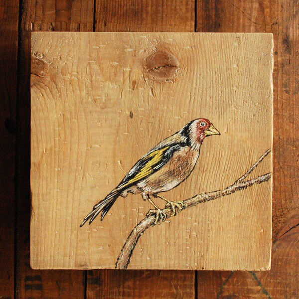 Goldfinch, Original Bird Painting on Reclaimed Wood