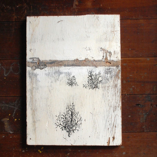 Dried Up. Original Painting on Reclaimed Wood. Minimalist Landscape Art