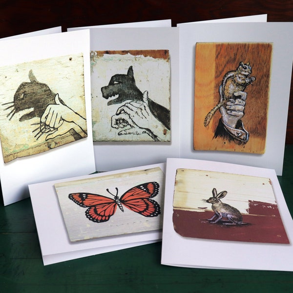 Set of 5 Art Cards, Animal Paintings on Wood, 5 x 7 inch (A7) Blank cards with white envelopes.