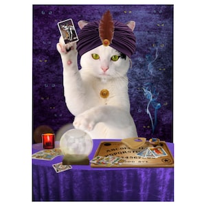 May include: A white cat wearing a purple turban and holding a tarot card sits in front of a crystal ball and a Ouija board. The cat is surrounded by a purple background with white eyes.