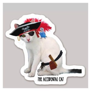 May include: A white cat sticker with a pirate hat, eye patch, and a small blue bird perched on its back. The cat has a red feather plume on its hat and a small wooden weapon attached to its side. The text "THE ACCIDENTAL CAT" is at the bottom.
