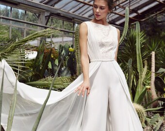 Modern Bridal Jumpsuit Wedding One Piece Simple Sleeveless ALine Wedding Dress Bridal Gown Boho Wide Leg Illusion Skirt