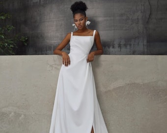 Minimalist Simple Sleeveless Open Back Wedding Dress Bridal Gown Aline with Train Aline Unique Design Side Slit Square Neck Gathered Waist