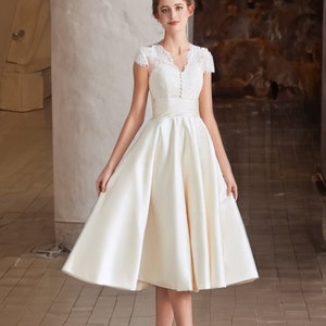 Stunning Soft Satin Wedding Dress Bridal Gown Tea Length Vintage Lace Cap Sleeves Midi Classic Vintage Style with Pockets