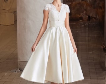 Stunning Soft Satin Wedding Dress Bridal Gown Tea Length Vintage Lace Cap Sleeves Midi Classic Vintage Style with Pockets