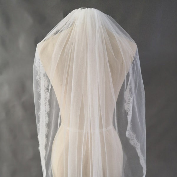 Bridal Veils Lace Soft Tulle Fingertip Wedding Veil White Ivory Luxury 3 feet