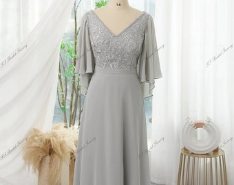 Chiffon Mother Of Bride Dress With Ruffled Sleeves, V-neck And Floral Appliques Short Sleeve Flutter Sleeve V Neckline Floor Length Classic