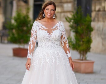 Luxurious Elegant Aline Wedding Dress Bridal Gown Illusion Lace Neckline Long Sleeves Corset Back Plus Size Tattoo Lace Full Tulle Skirt