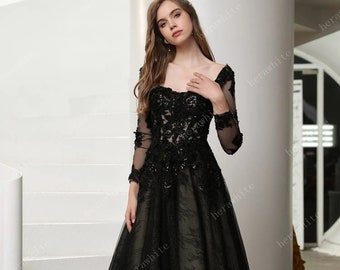 Gothic Black Illusion Lace Wedding Dress with Detachable Long Sleeves Aline Sparkle Dress Black and Nude Straps Sweetheart Neckline