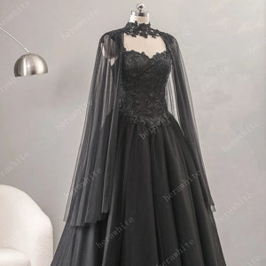 Gothic Black Modern Wedding Dress Sleeveless Bridal Gown Aline Sweetheart Neckline Corset Lace Up Back Wide Straps Detachable Cape