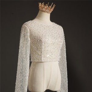 Sparkley Wedding or Bridal Top Bolero - Soft Illusion Ivory Tulle with Faux Pearl & Sequin Detail Long Sleeve Sheer