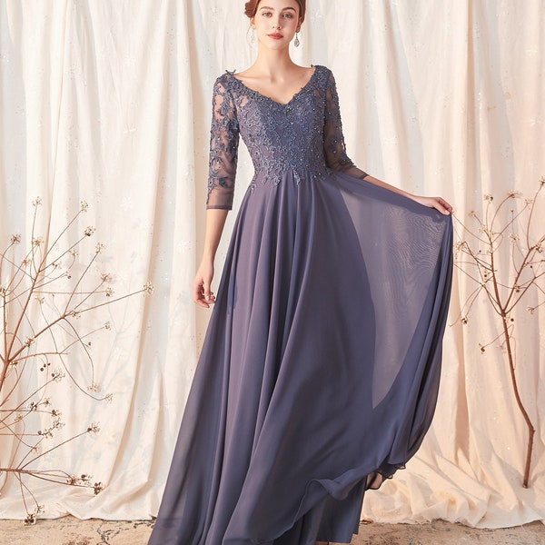 3/4 Sleeves Chiffon Wedding Dress Bridal Gown Floor-Length Plus Size Unconventional Custom Prom